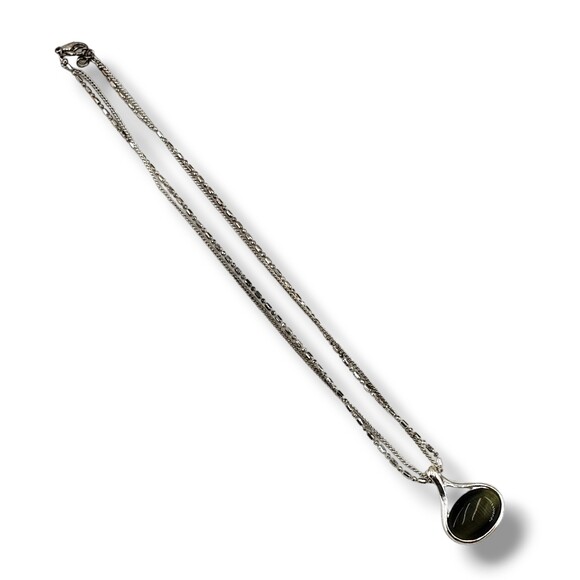 Green Cat Eye Center Silver Tone Pendant Double Strand Collar Choker Necklace - Picture 9 of 11